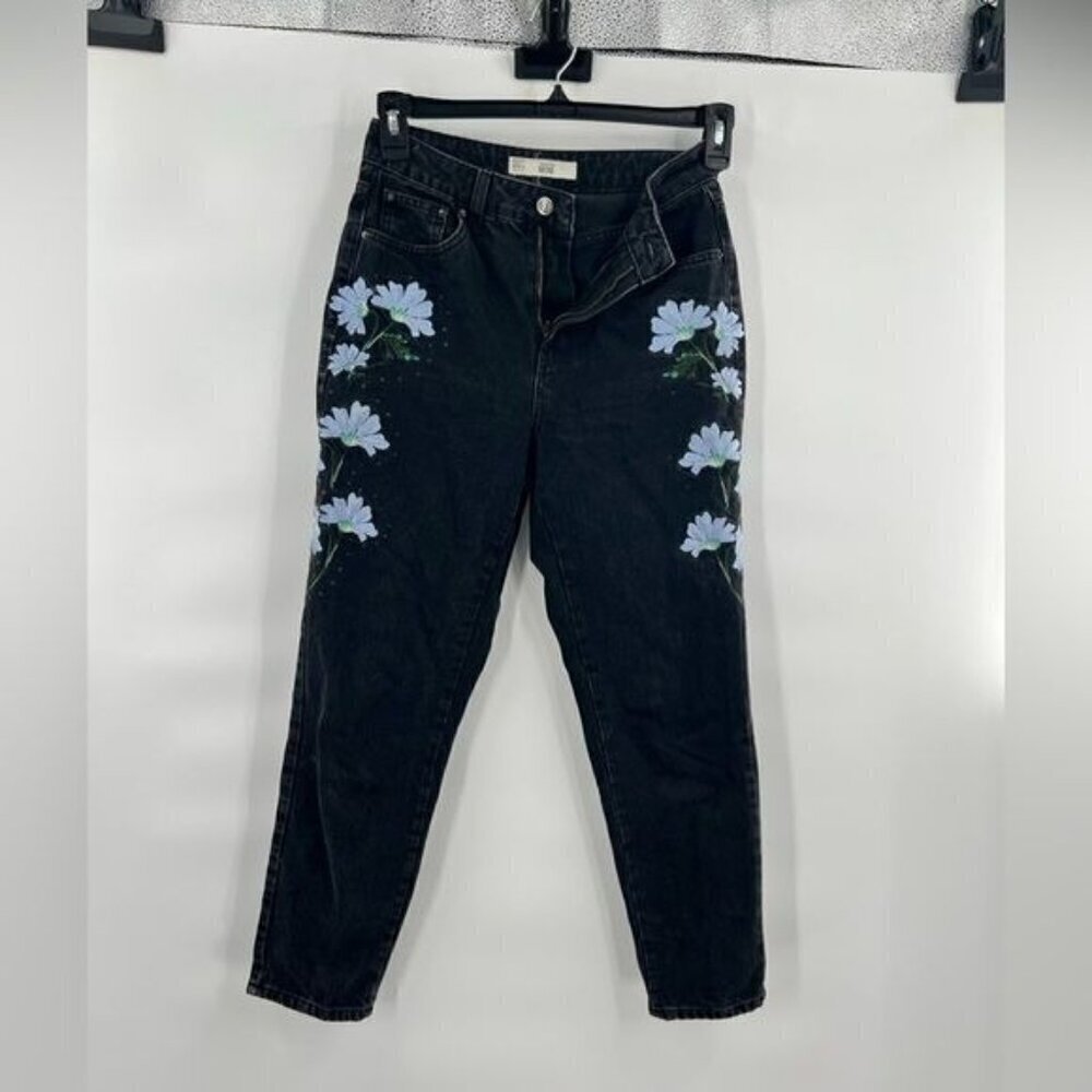 TopShop Moto Mom W26 embroidered jeans dark grey